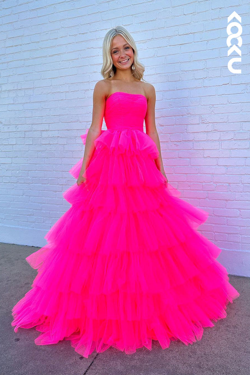 L1684 - Strapless Hot Pink A-Line Tulle Long Prom Gown