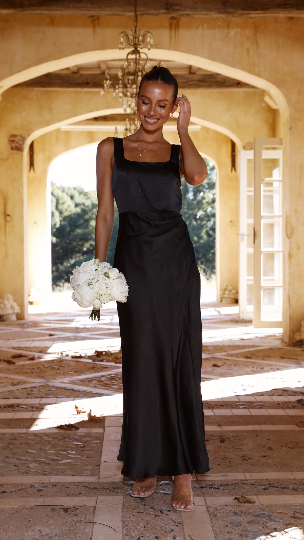 Satin Square Neck Wide Strap Side Slit Slip Maxi Dress 18