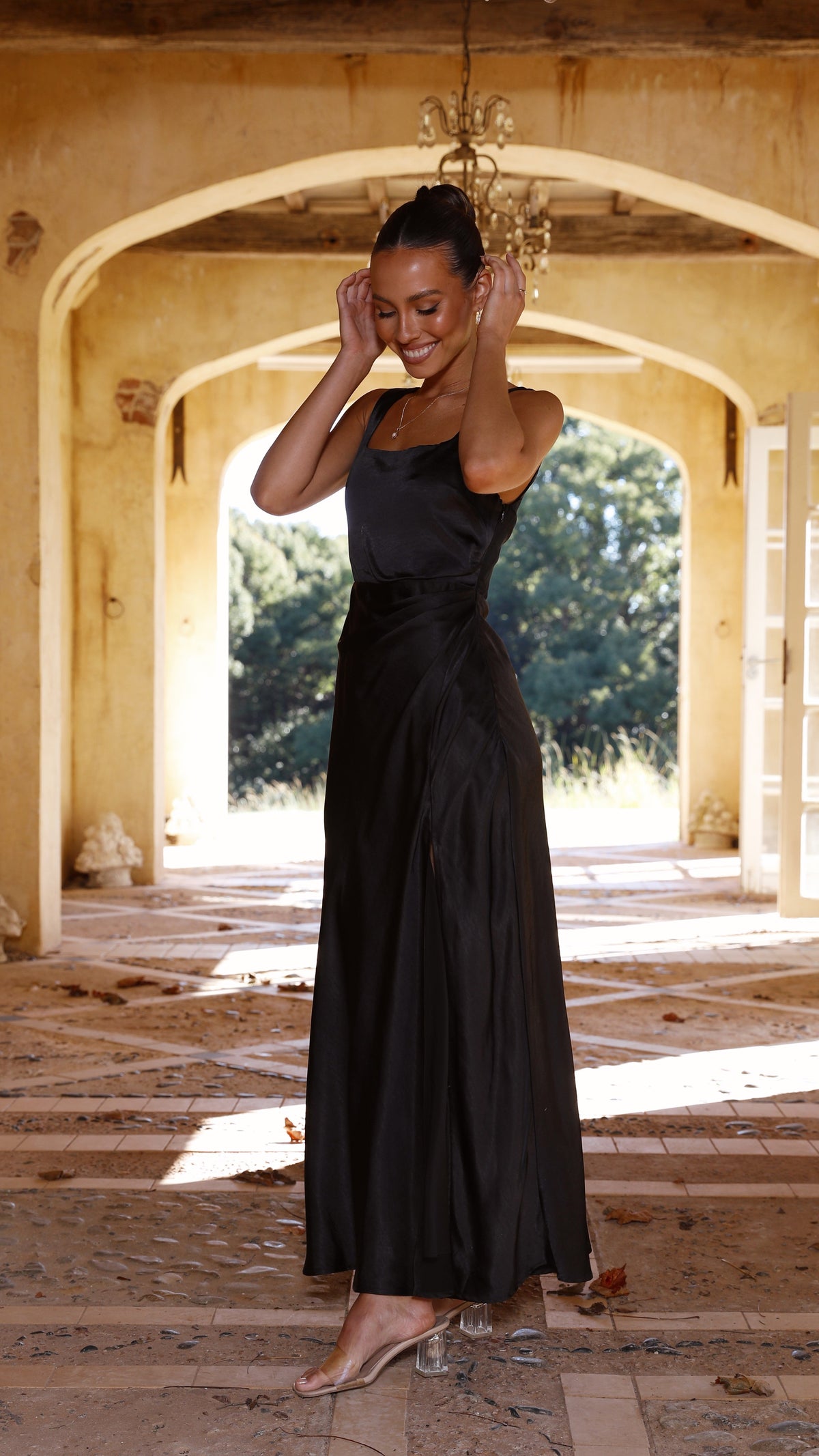 Satin Square Neck Wide Strap Side Slit Slip Maxi Dress 11