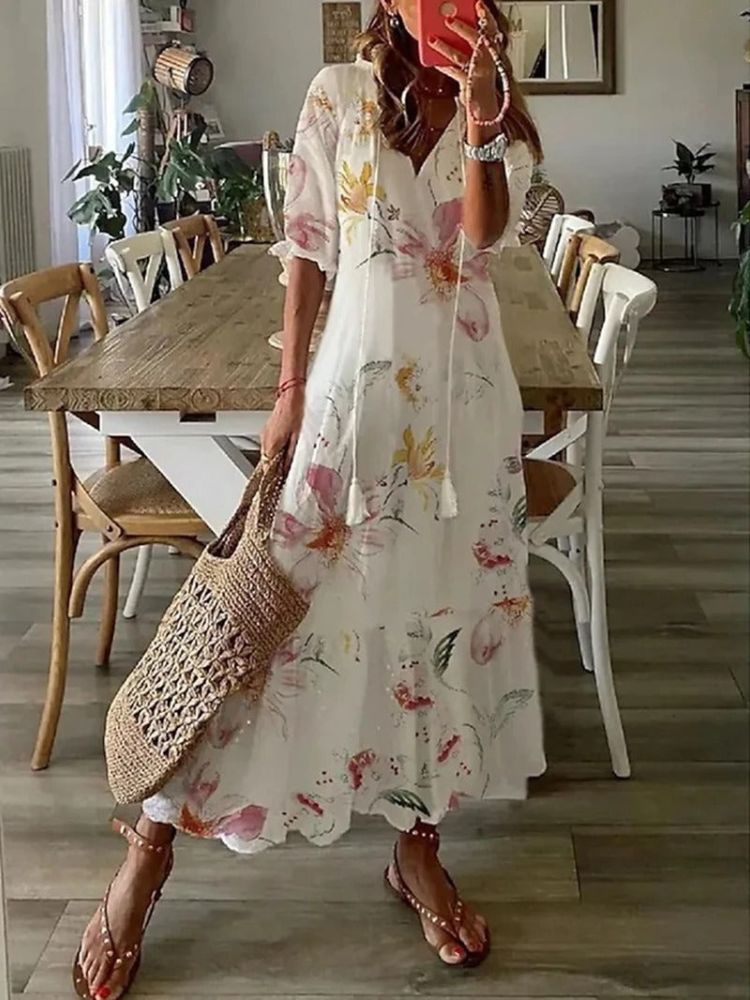 Paisley Print V-Neck Short Sleeve Scalloped Hem Relaxed Maxi Dress 7