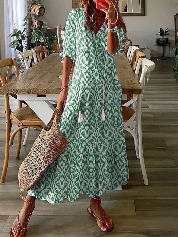 Paisley Print V-Neck Short Sleeve Scalloped Hem Relaxed Maxi Dress 6