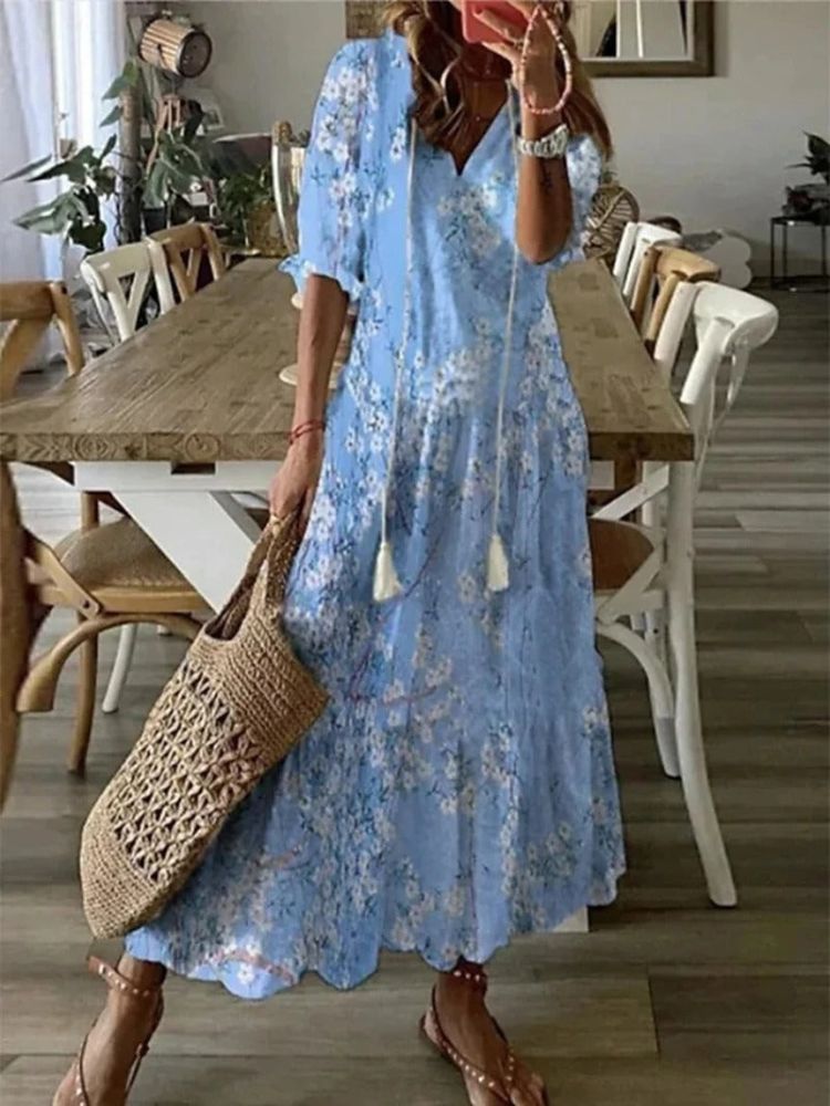 Paisley Print V-Neck Short Sleeve Scalloped Hem Relaxed Maxi Dress 4