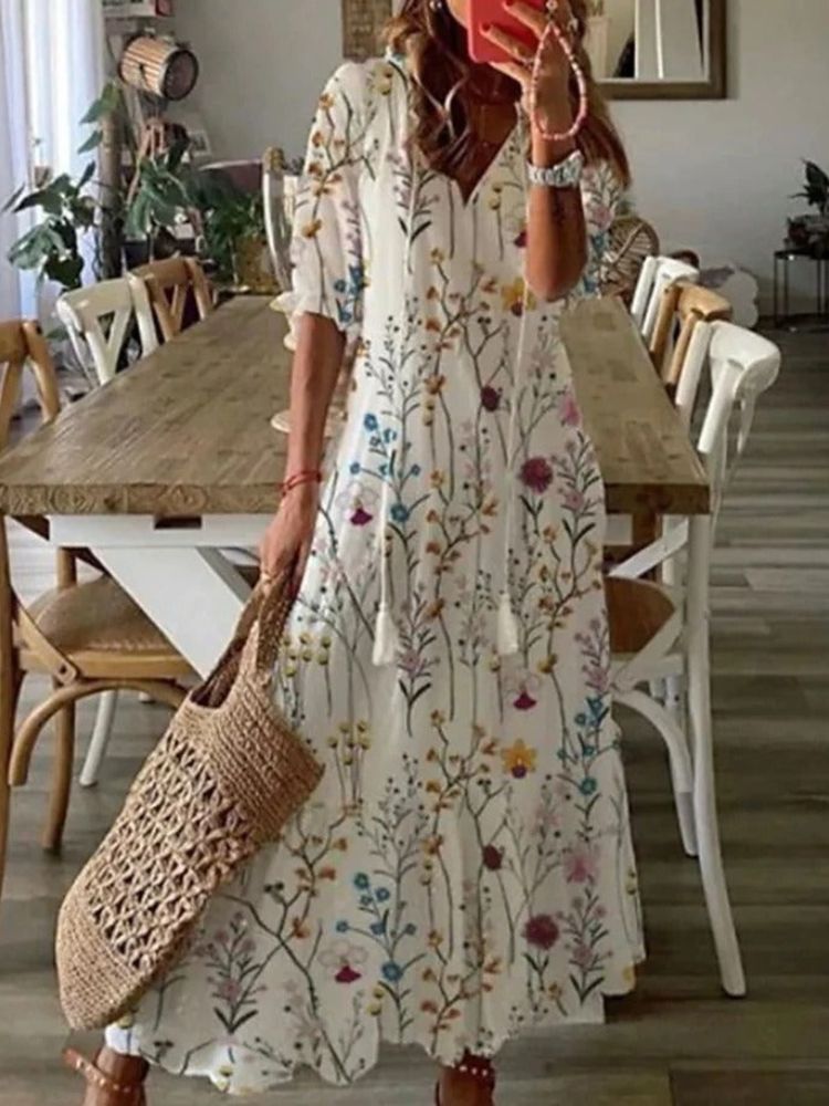Paisley Print V-Neck Short Sleeve Scalloped Hem Relaxed Maxi Dress 3