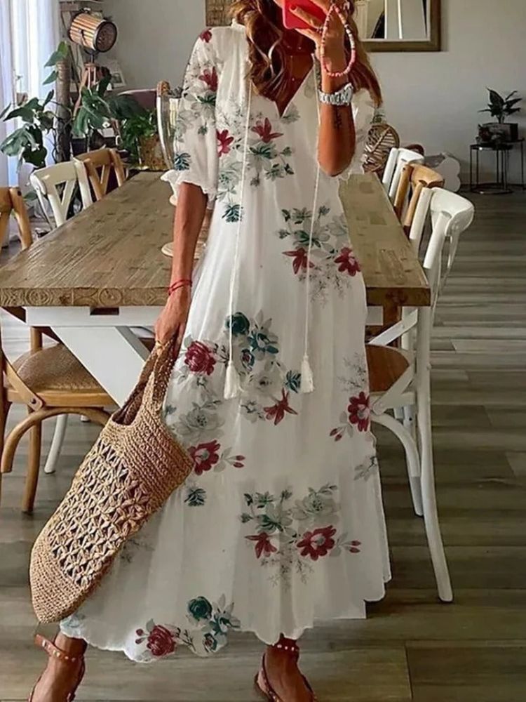 Paisley Print V-Neck Short Sleeve Scalloped Hem Relaxed Maxi Dress 2