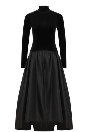 Velvet Mock Neck Gathered Waist Pleated A-Line Maxi Dress 5