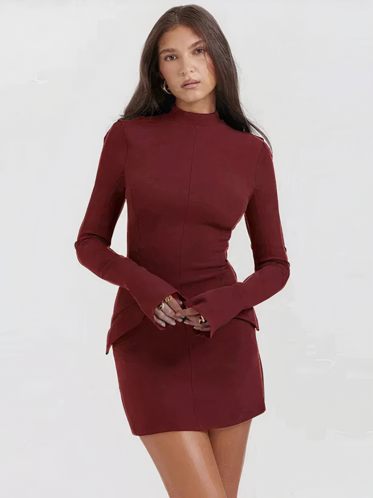 Mock Neck Panel Seam Flared Cuff Structured Bodycon Mini Dress 6