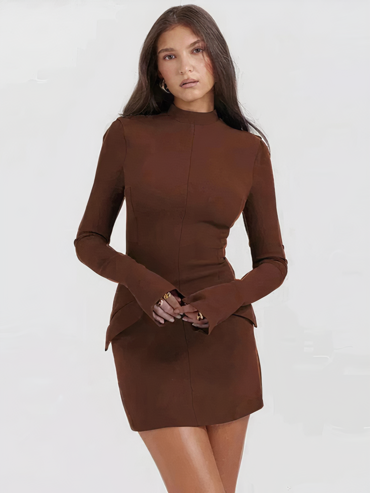Mock Neck Panel Seam Flared Cuff Structured Bodycon Mini Dress 4