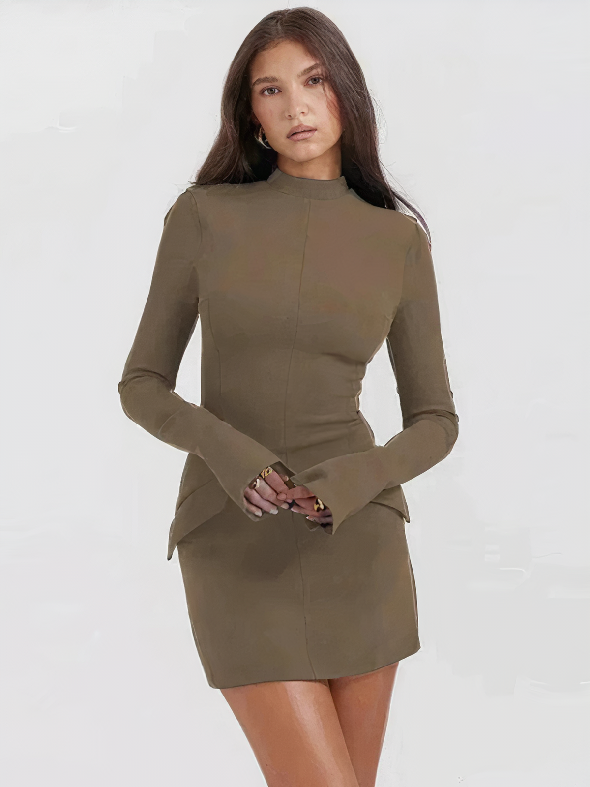 Mock Neck Panel Seam Flared Cuff Structured Bodycon Mini Dress 5
