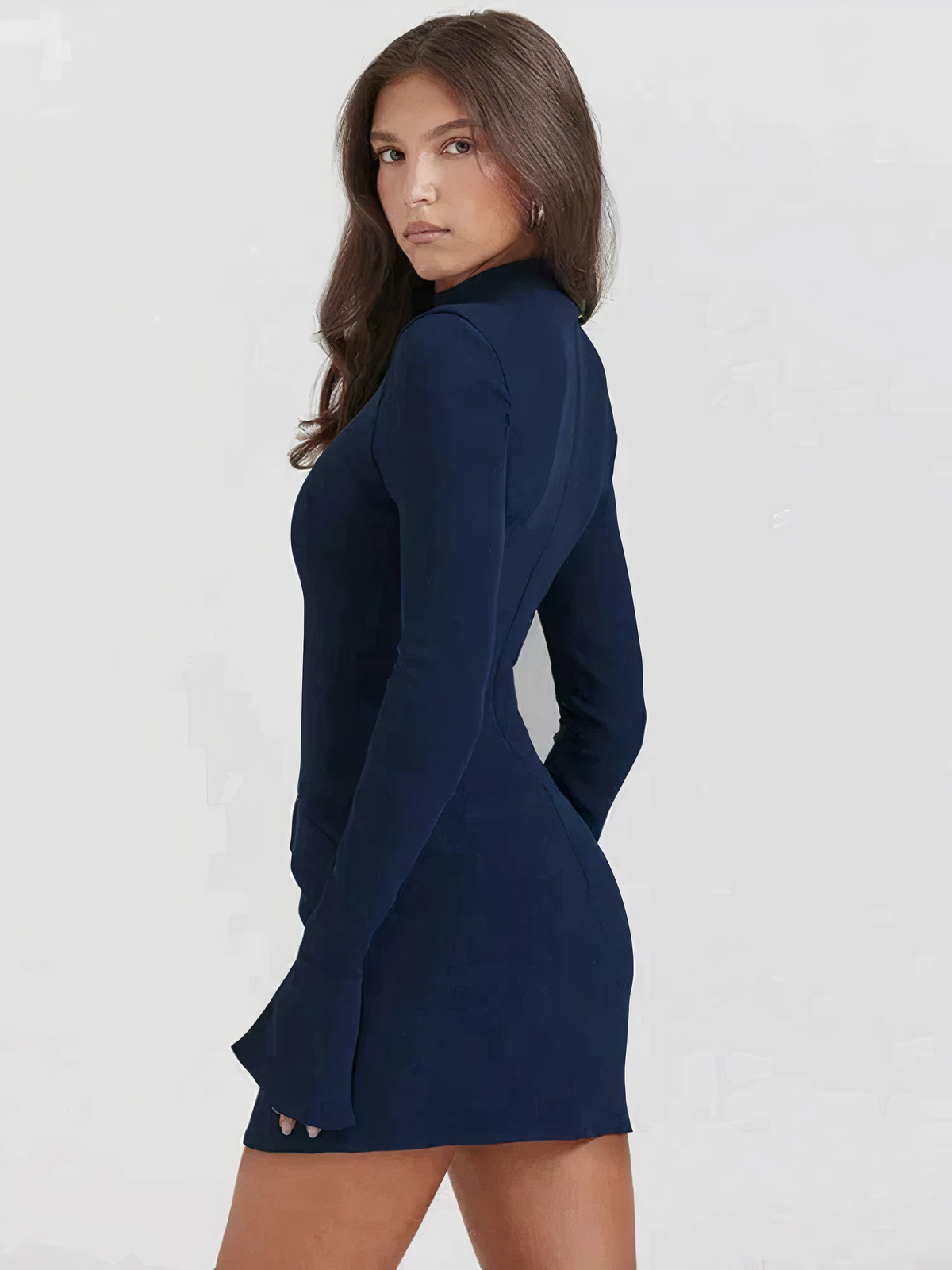 Mock Neck Panel Seam Flared Cuff Structured Bodycon Mini Dress 3