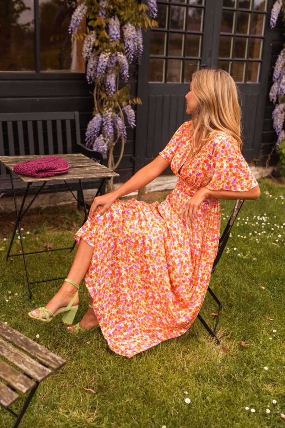 V Neck Flutter Sleeve Smocked Waist Pleated Floral Print Maxi Dress 5