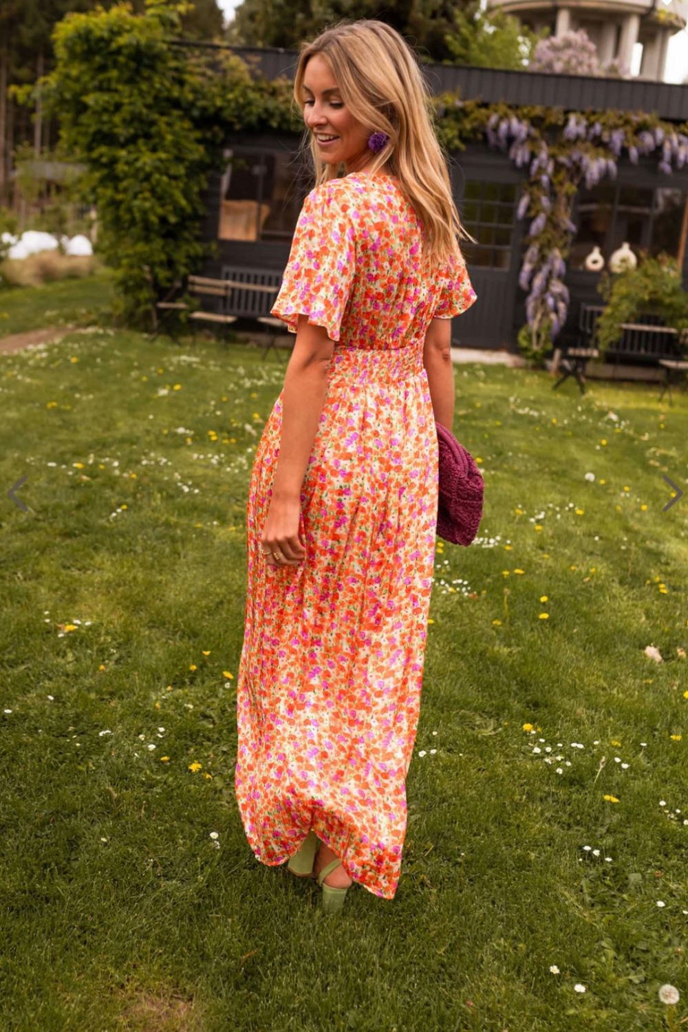 V Neck Flutter Sleeve Smocked Waist Pleated Floral Print Maxi Dress 4