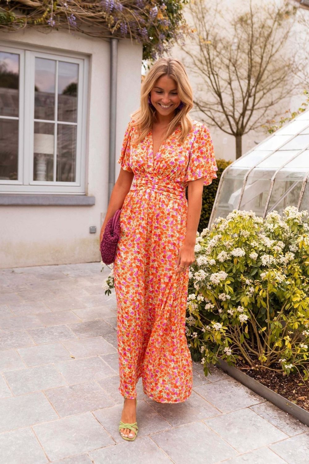 V Neck Flutter Sleeve Smocked Waist Pleated Floral Print Maxi Dress 3