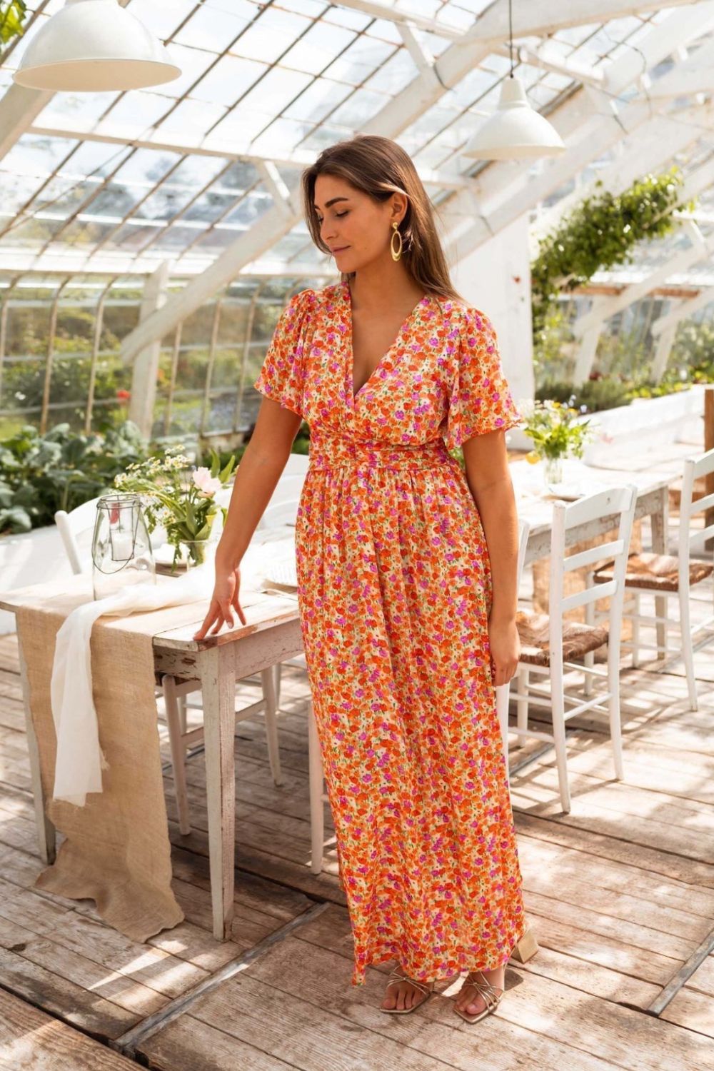 V Neck Flutter Sleeve Smocked Waist Pleated Floral Print Maxi Dress 2