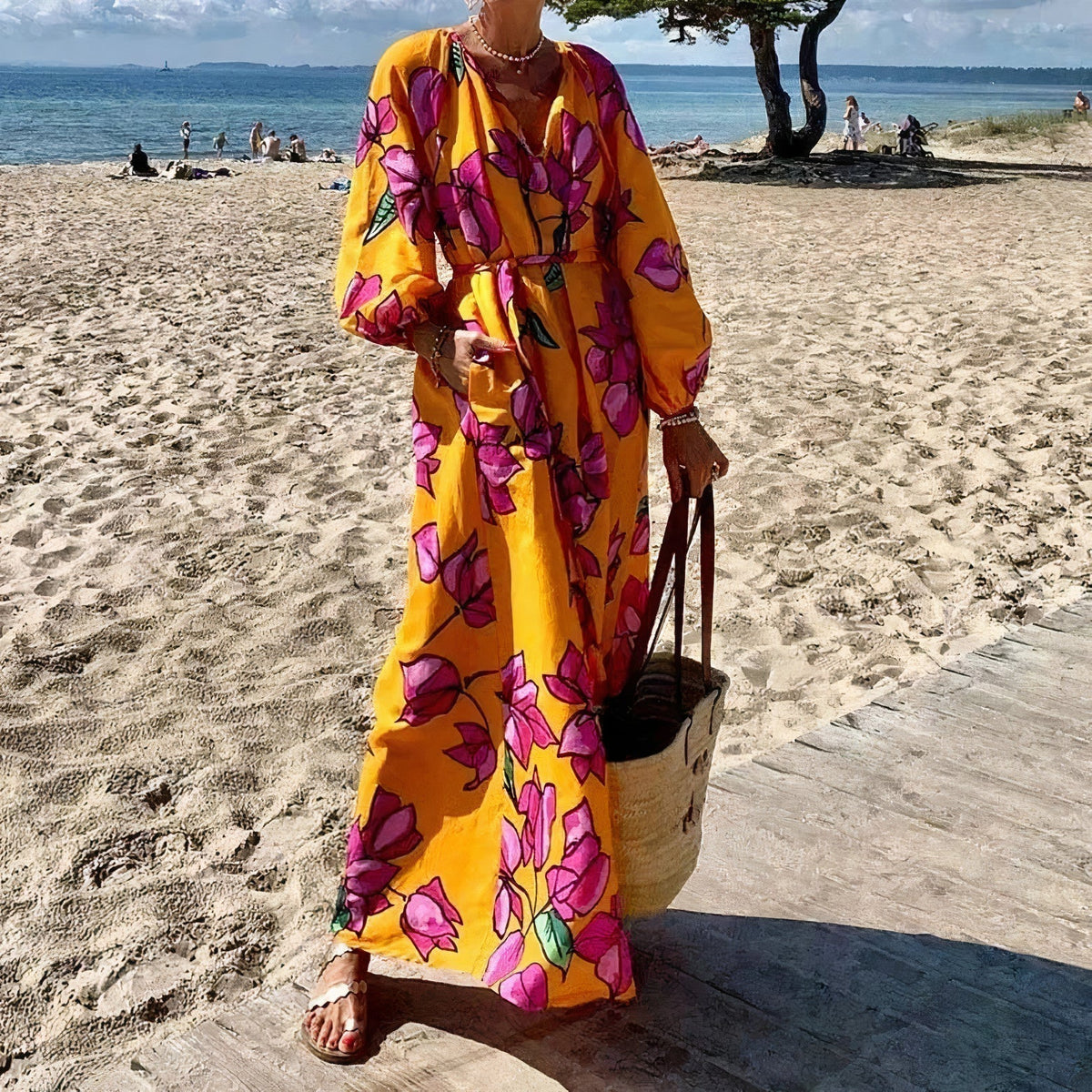 Floral Print Deep V-Neck Balloon Sleeve Tie-Waist Pocket Maxi Dress 3