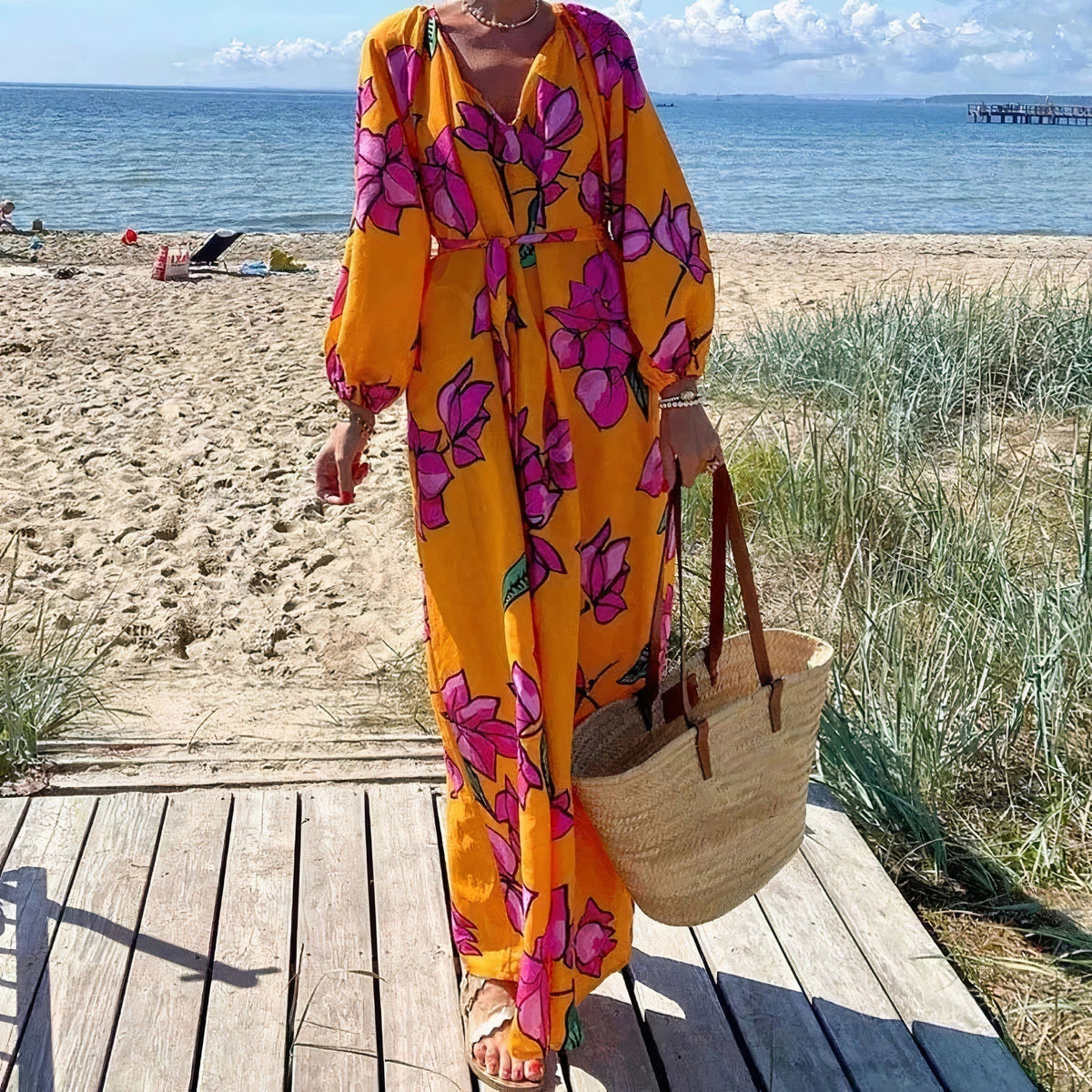 Floral Print Deep V-Neck Balloon Sleeve Tie-Waist Pocket Maxi Dress 2