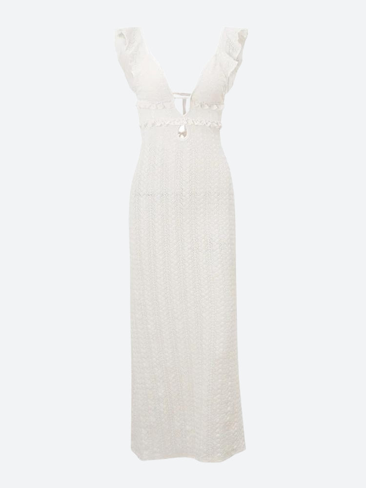 Crochet Knit Plunge V-Neck Ruffle Trim Lace-Up Side Maxi Dress 4