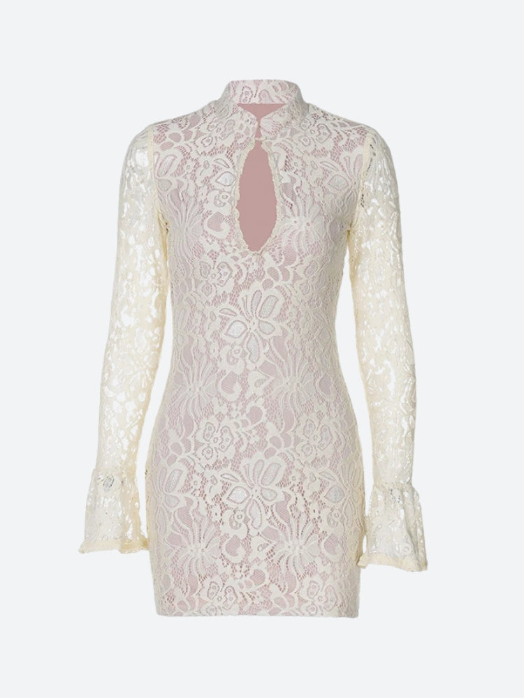 Floral Lace Mandarin Collar Keyhole Plunge Bell Sleeve Bodycon Mini Dress 2