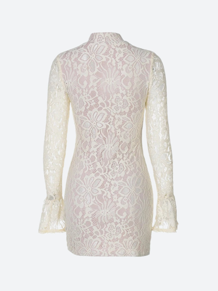 Floral Lace Mandarin Collar Keyhole Plunge Bell Sleeve Bodycon Mini Dress 3