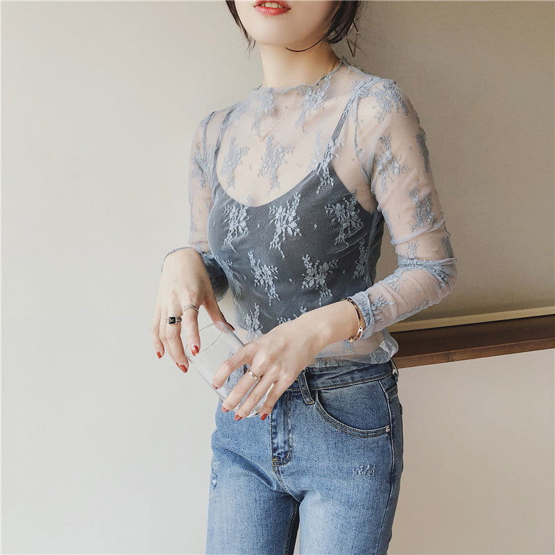 Floral Lace Sheer Mock Neck Ruffle Cuff Long Sleeve Camisole Layer Top