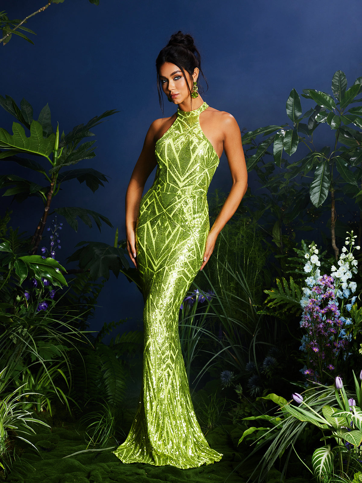 Halter Neck All Over Sequin Column Maxi Dress