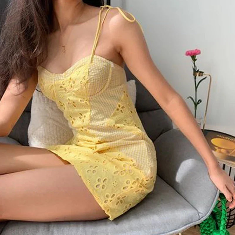 Yellow Eyelet Floral Spaghetti Strap Bodycon Mini Dress