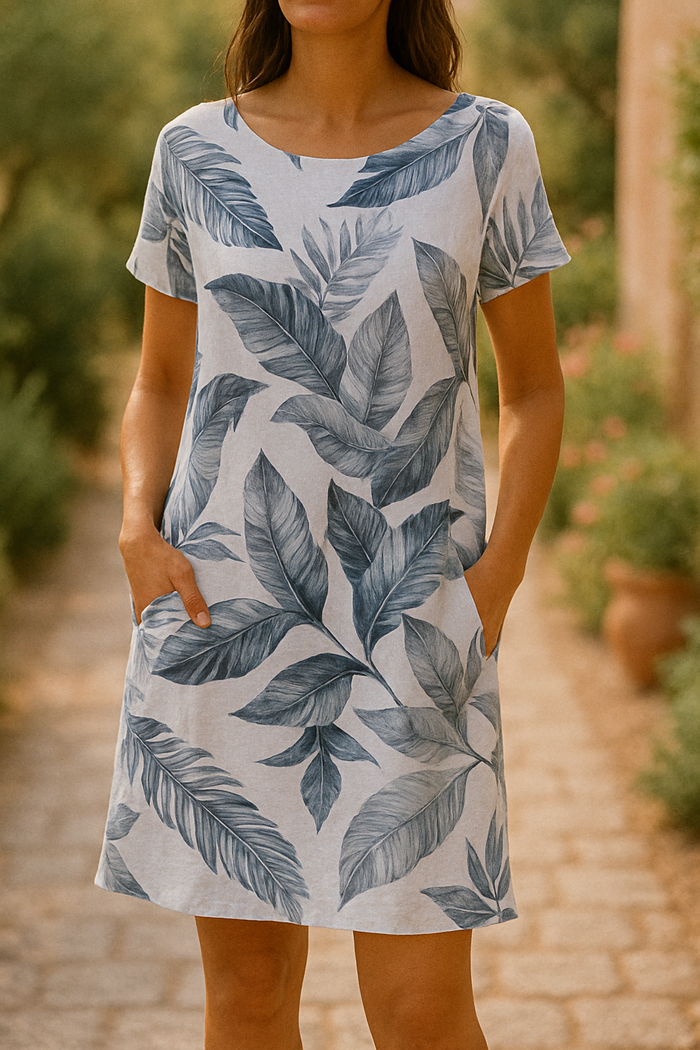 Botanical Print Short Sleeve Scoop Neck Pocket Mini Dress 2