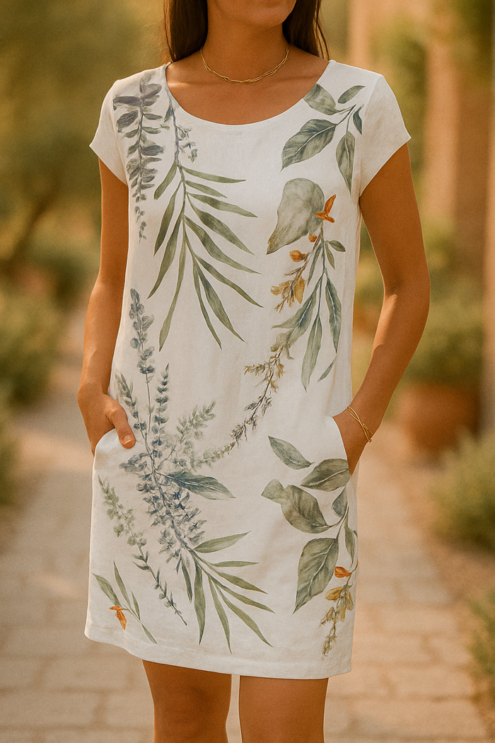 Botanical Print Short Sleeve Scoop Neck Pocket Mini Dress 4