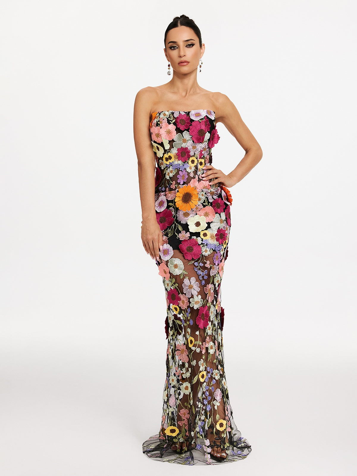 Strapless 3D Floral Applique Sheer Mesh Column Maxi Dress