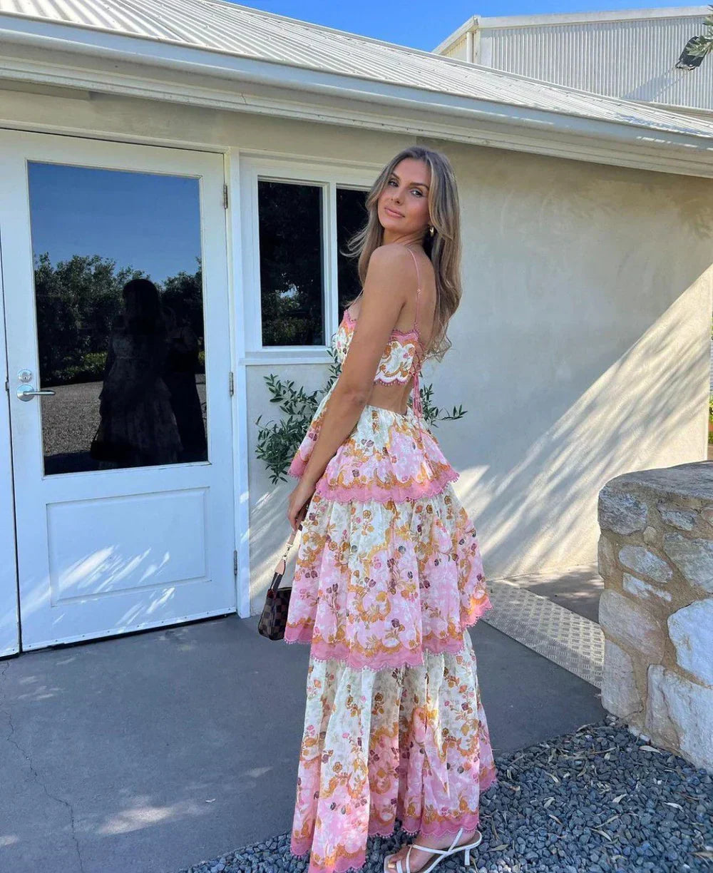 Lace Up Back Scalloped Trim Tiered Floral Print Maxi Set 3