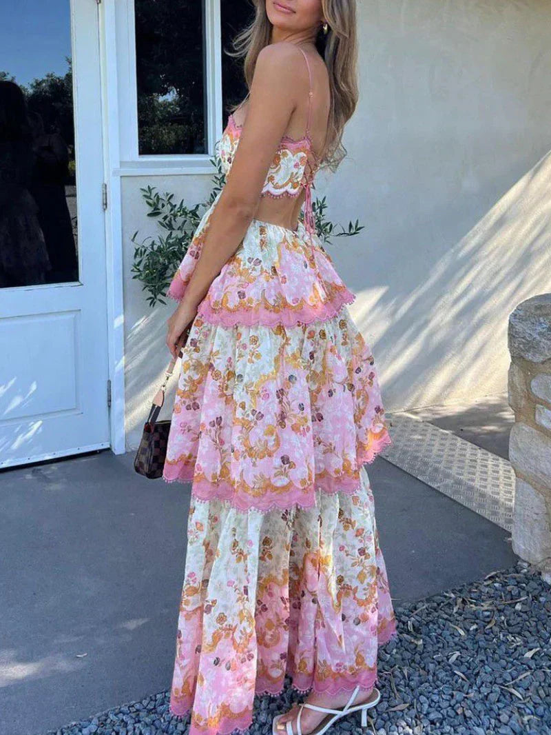 Lace Up Back Scalloped Trim Tiered Floral Print Maxi Set