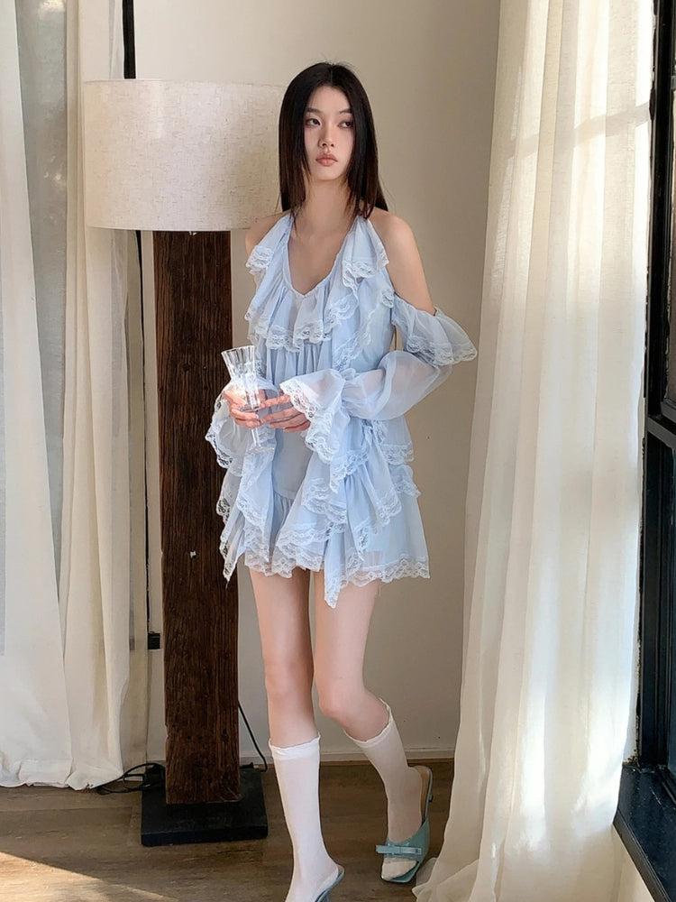 Cold Shoulder Tiered Ruffle Lace Trim Bell Sleeve Halter Mini Dress