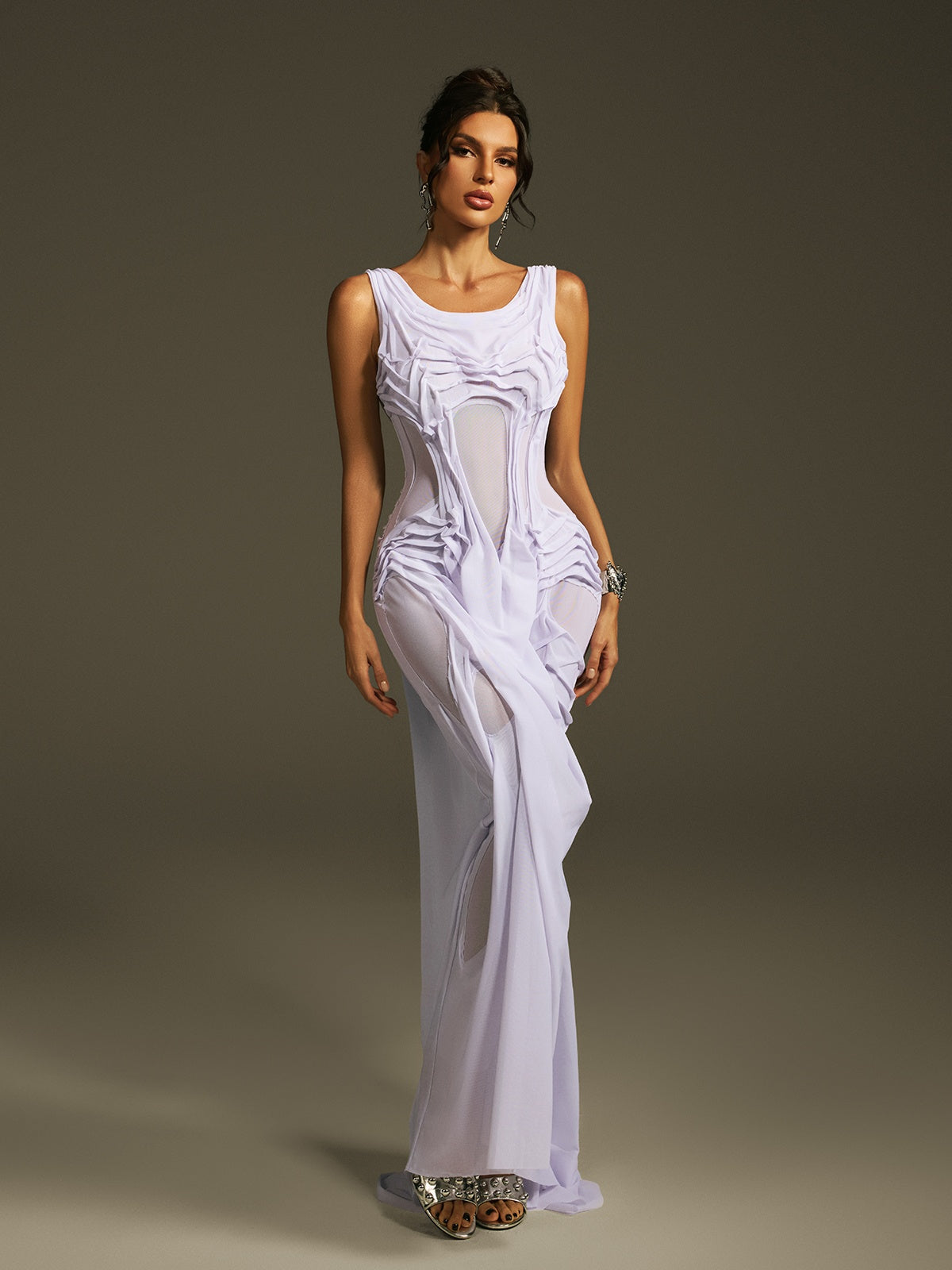 Scoop Neck Mesh Panel Architectural Pleat Draped Maxi Gown