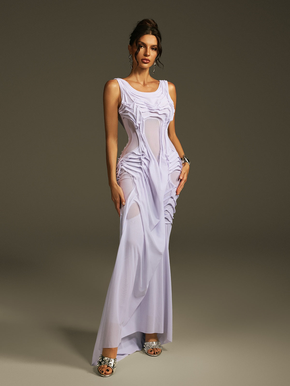 Scoop Neck Mesh Panel Architectural Pleat Draped Maxi Gown 5