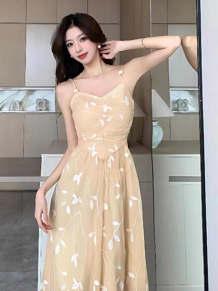 Floral Embroidered Mesh V-Neck Spaghetti Strap Pleated Midi Dress 2