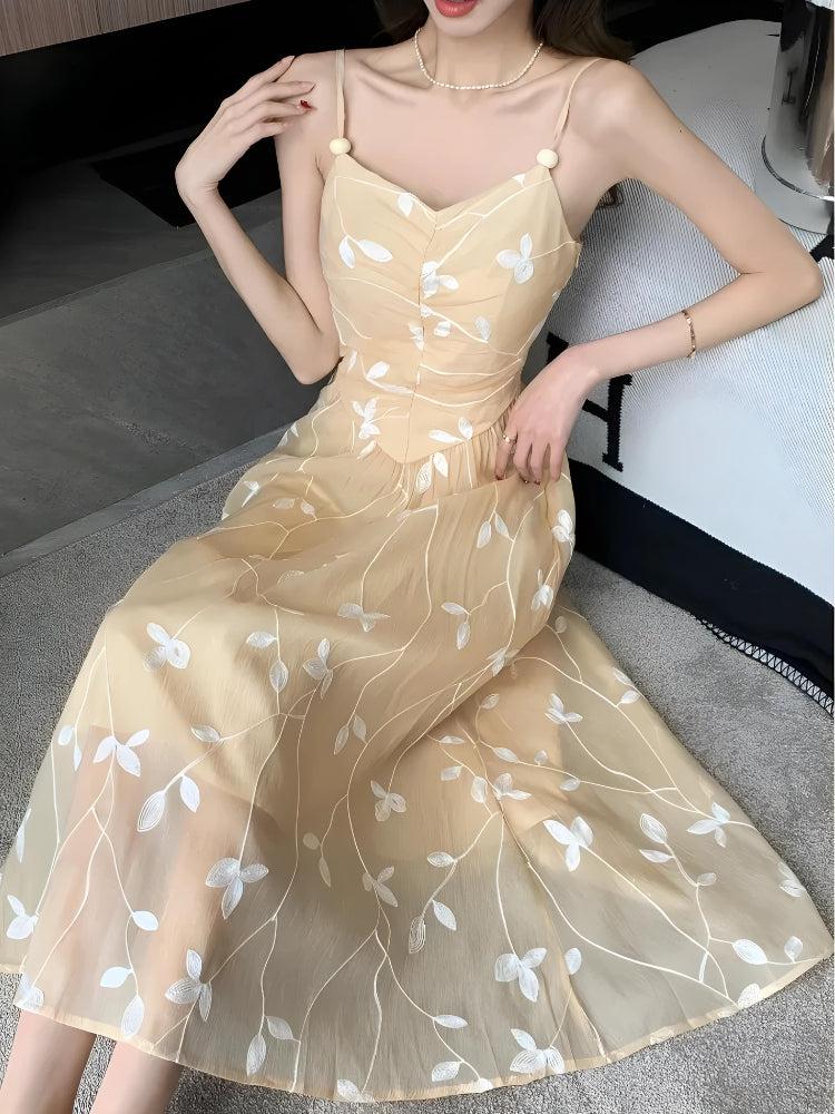 Floral Embroidered Mesh V-Neck Spaghetti Strap Pleated Midi Dress 3