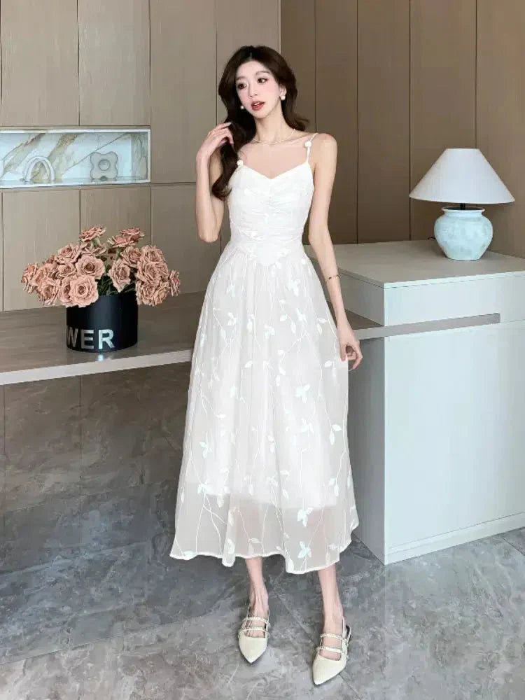 Floral Embroidered Mesh V-Neck Spaghetti Strap Pleated Midi Dress 4
