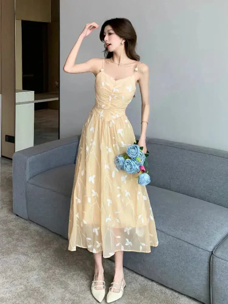 Floral Embroidered Mesh V-Neck Spaghetti Strap Pleated Midi Dress