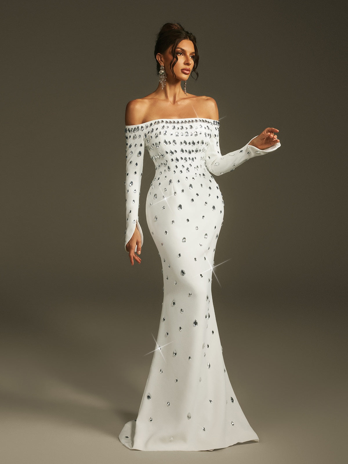 Off Shoulder Long Sleeve Crystal Embellished Mermaid Maxi Gown