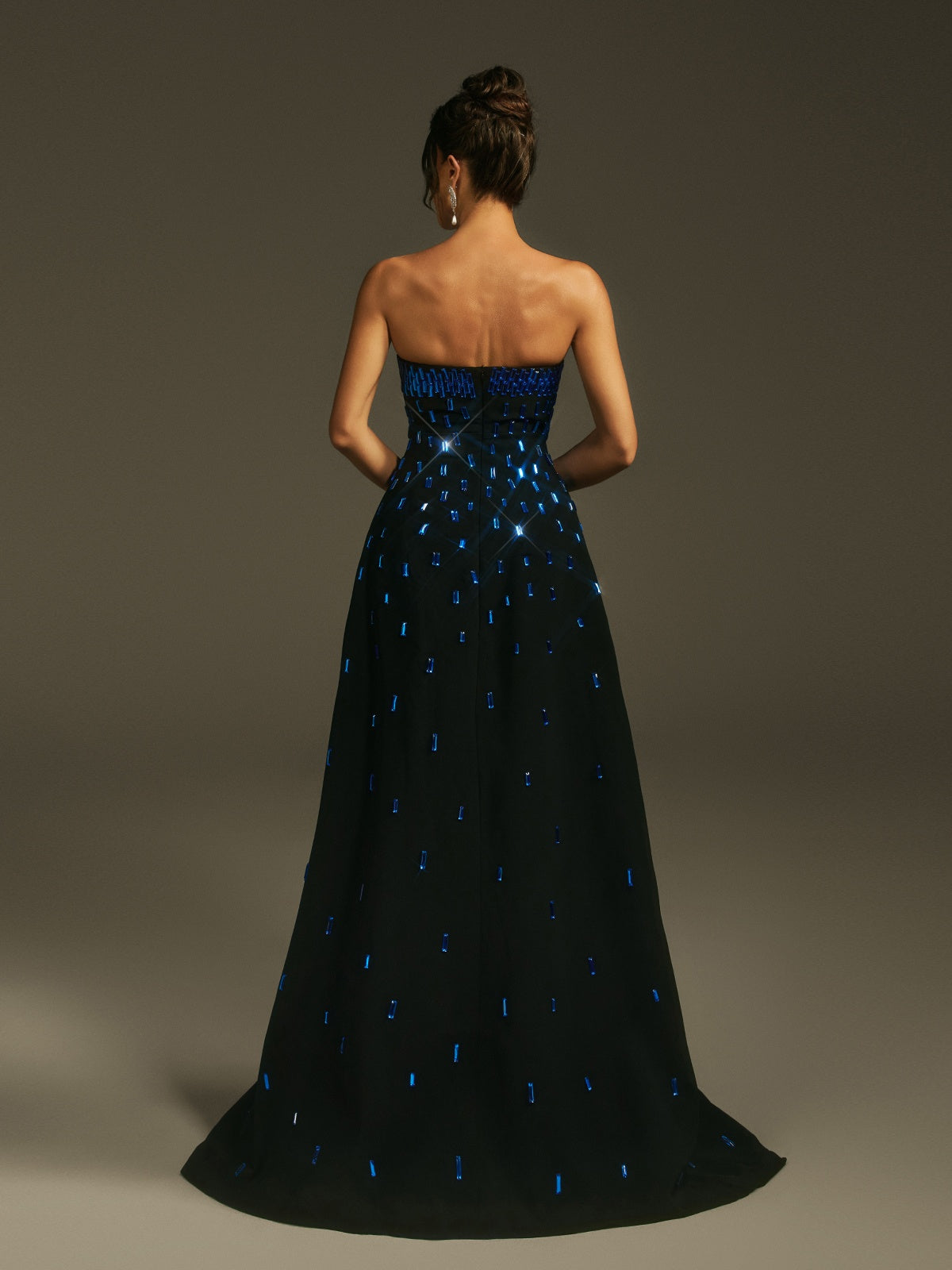 Strapless Baguette Crystal Embellished High Slit Column Maxi Gown 6