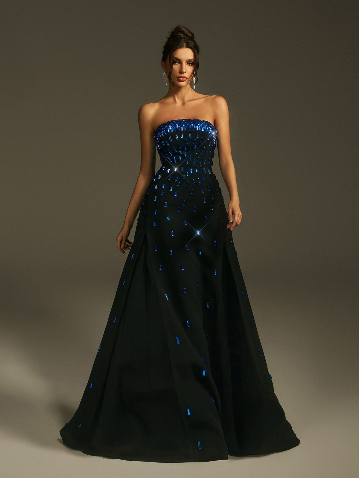 Strapless Baguette Crystal Embellished High Slit Column Maxi Gown 3