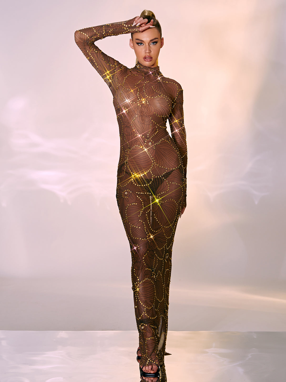 Sheer Mesh Rhinestone Swirl Embellished Mock Neck Maxi Dress