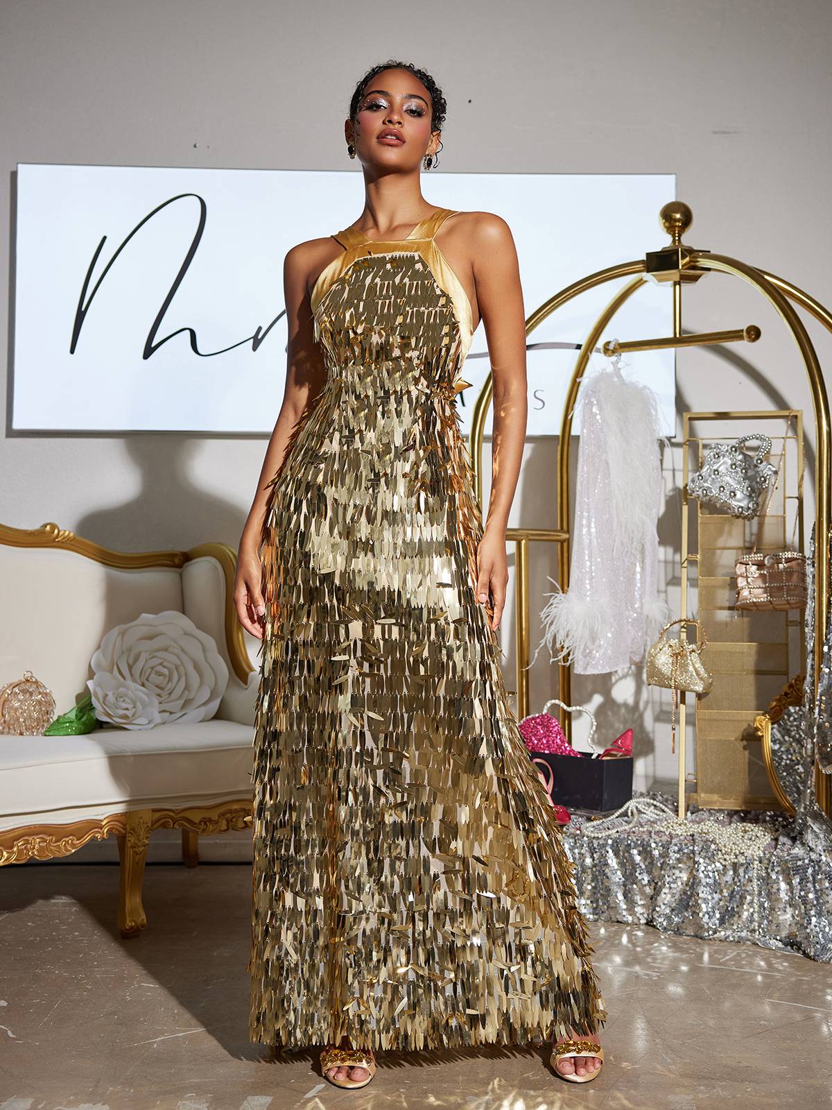 Halter Neck Vertical Sequin Fringe Column Maxi Gown 4