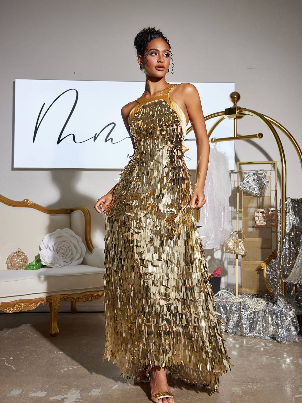 Halter Neck Vertical Sequin Fringe Column Maxi Gown 3