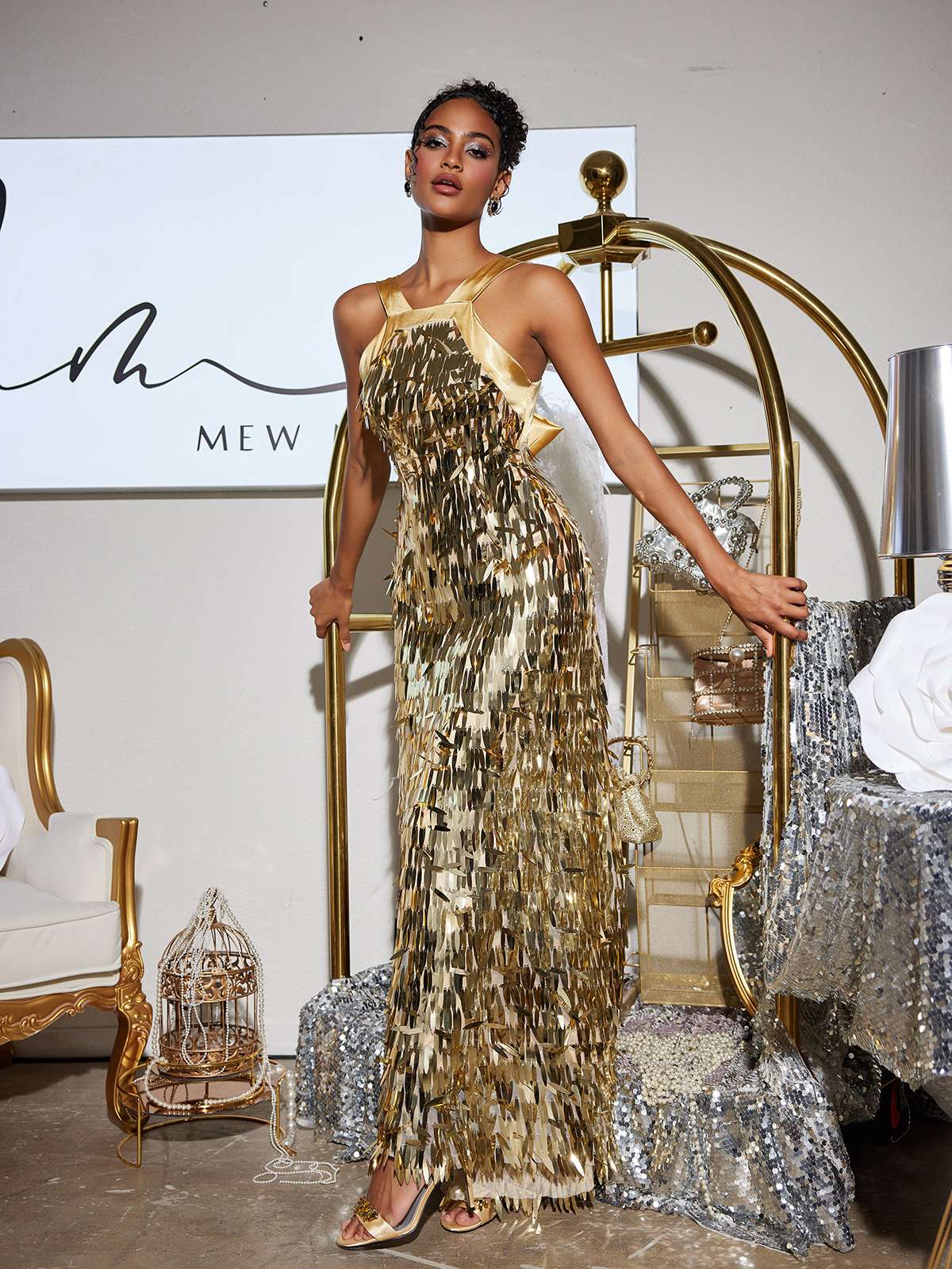 Halter Neck Vertical Sequin Fringe Column Maxi Gown 5