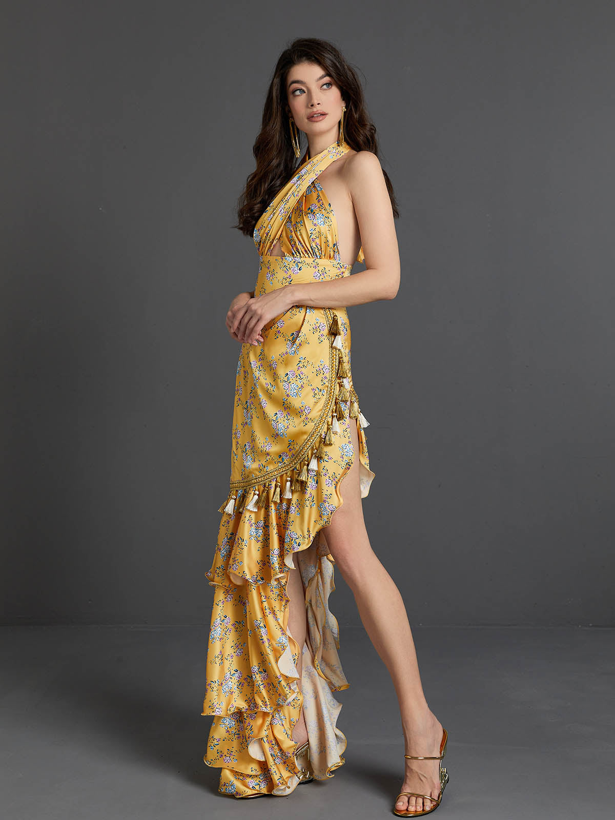 Halter Wrap Keyhole Floral Print Tassel Tiered Ruffle Maxi Gown 4