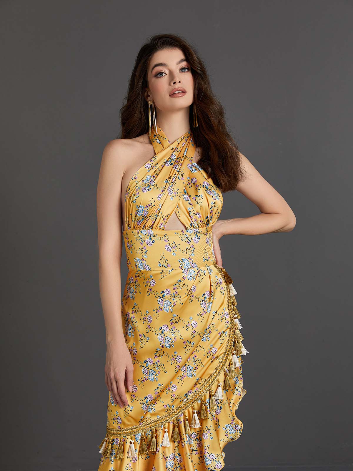 Halter Wrap Keyhole Floral Print Tassel Tiered Ruffle Maxi Gown 3