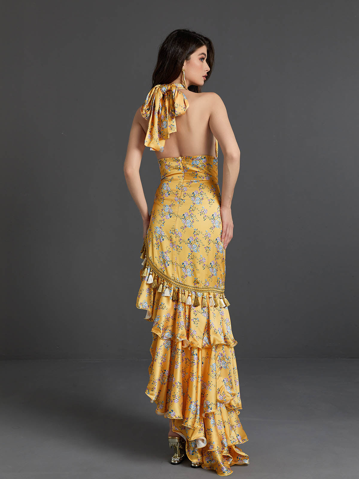 Halter Wrap Keyhole Floral Print Tassel Tiered Ruffle Maxi Gown 5