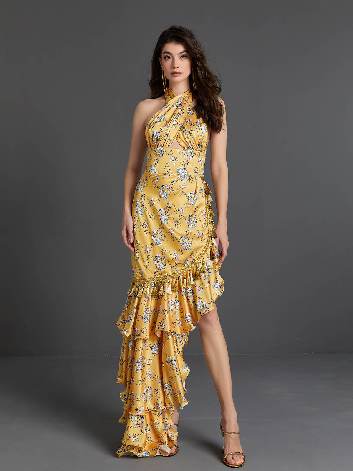 Halter Wrap Keyhole Floral Print Tassel Tiered Ruffle Maxi Gown 2