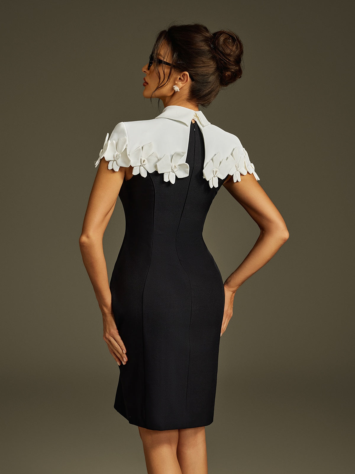 Pointed Collar Cap Sleeve 3D Floral Applique Sheath Mini Dress 6