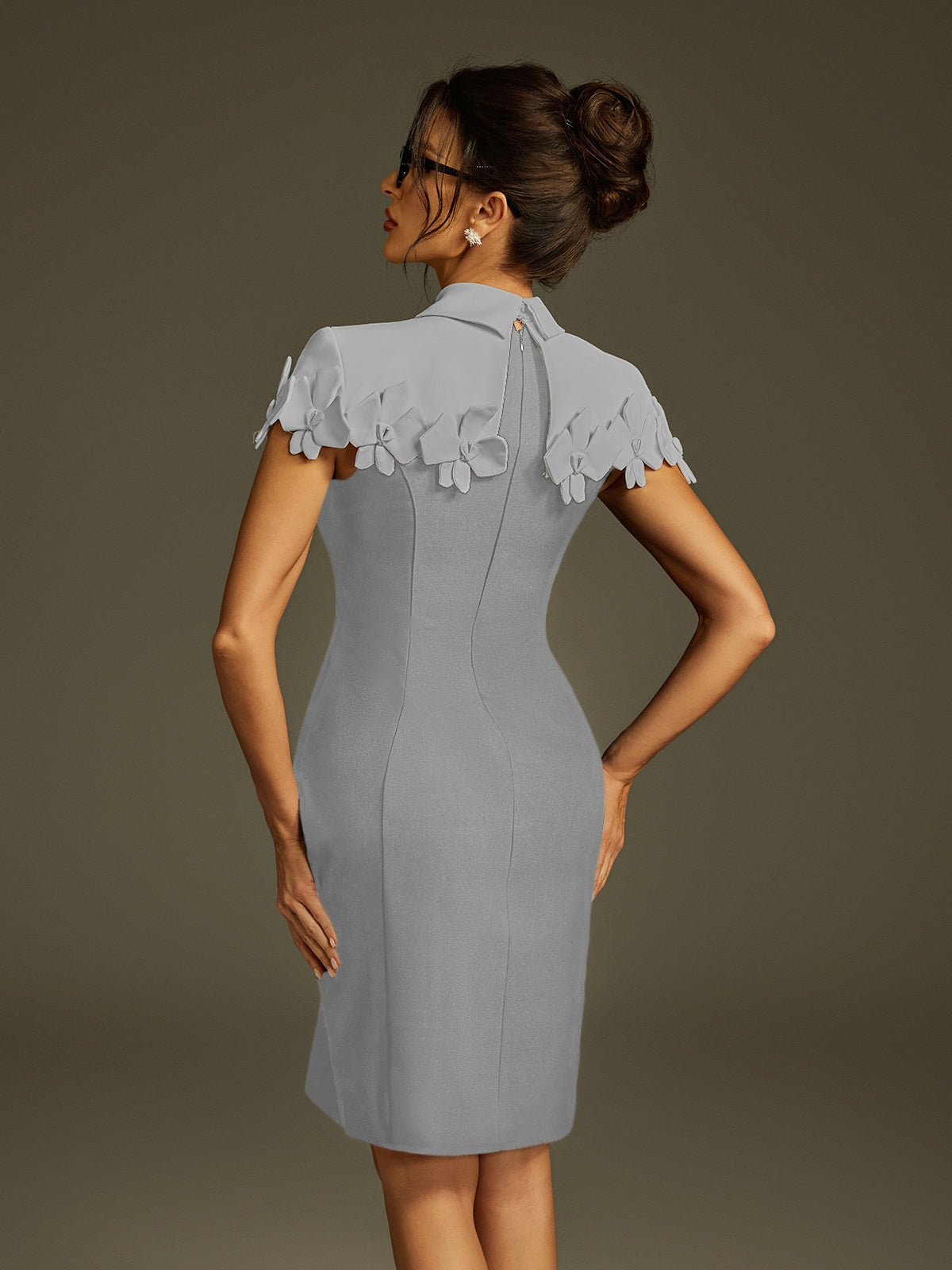 Pointed Collar Cap Sleeve 3D Floral Applique Sheath Mini Dress 6